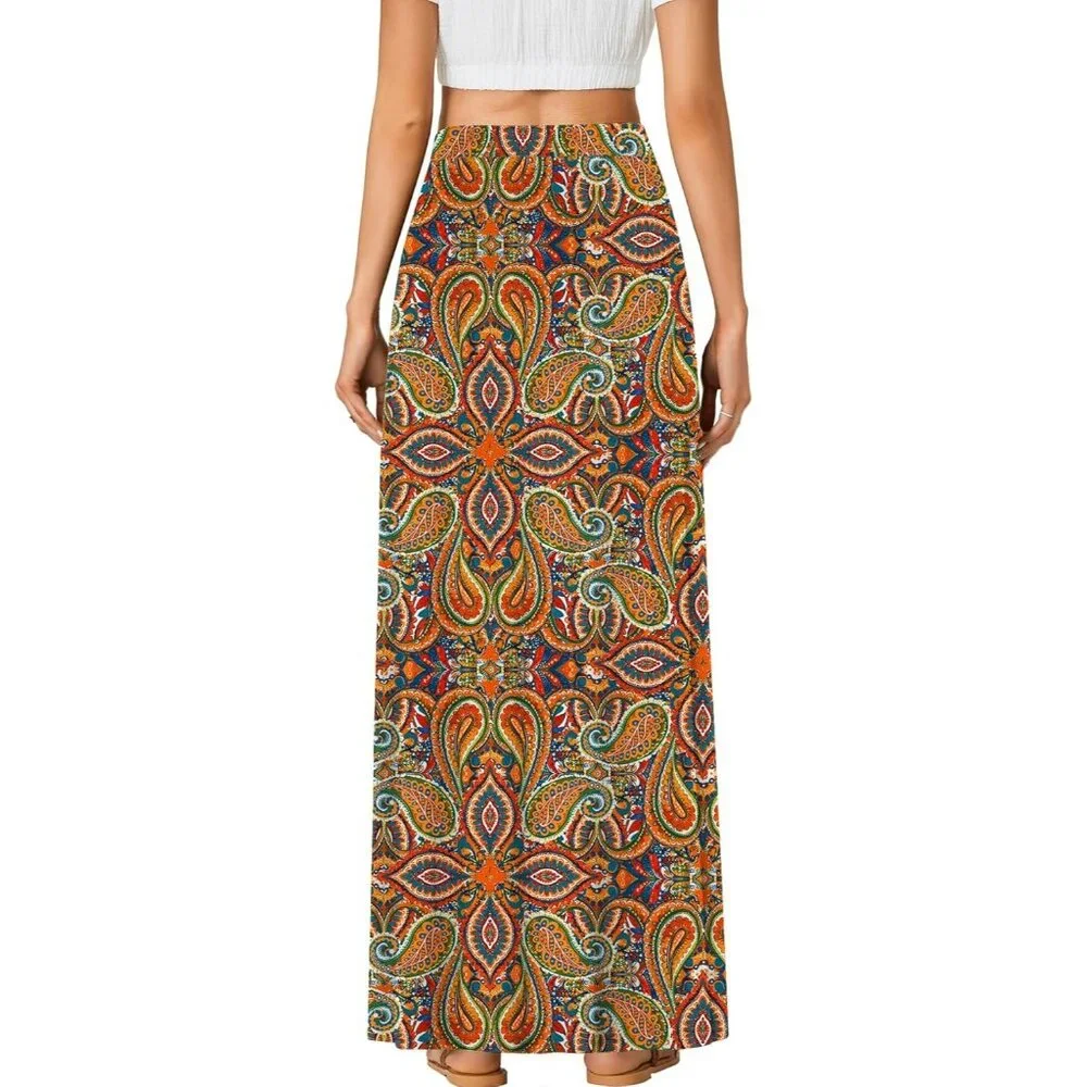 Women's Multicolor Orange High Waist Button Front A-Line Long Cozy Maxi Skirts - Picture 2 of 4